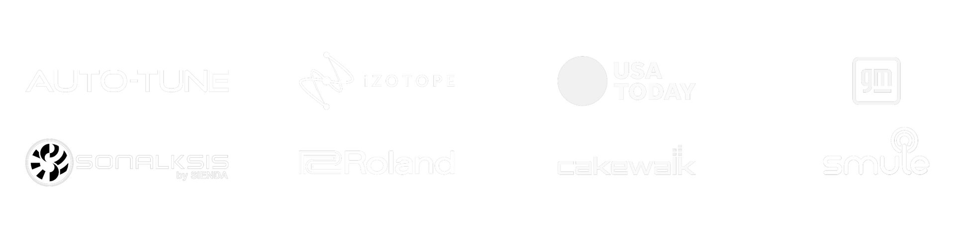 Corporate logos for Antares Auto-Tune, iZotope, USA Today, General Motors, Sonalksis, Roland, Cakewalk, and Smule.